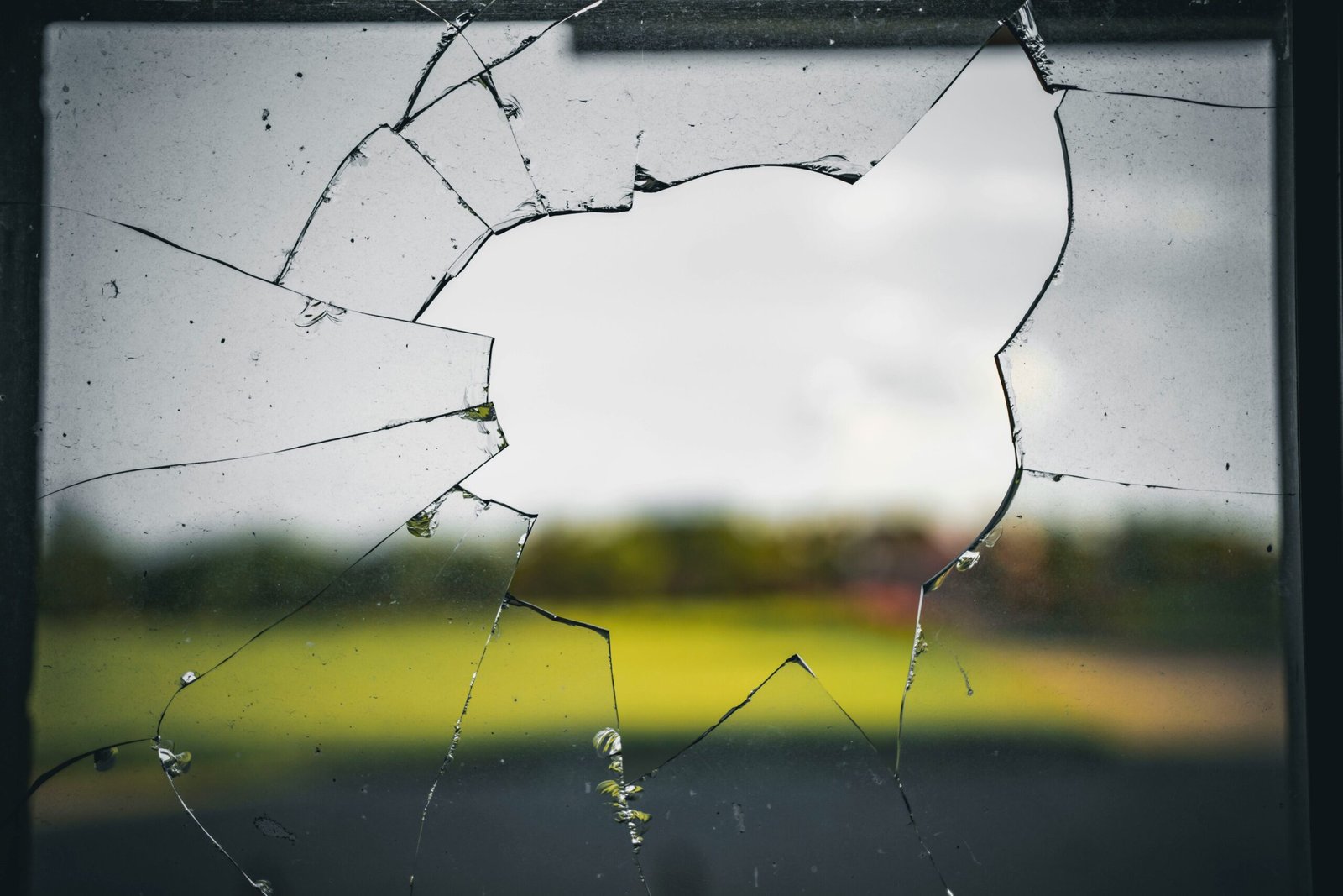 Close-up of a broken window with a central hole and radiating cracks, showing a blurred green landscape in the background.