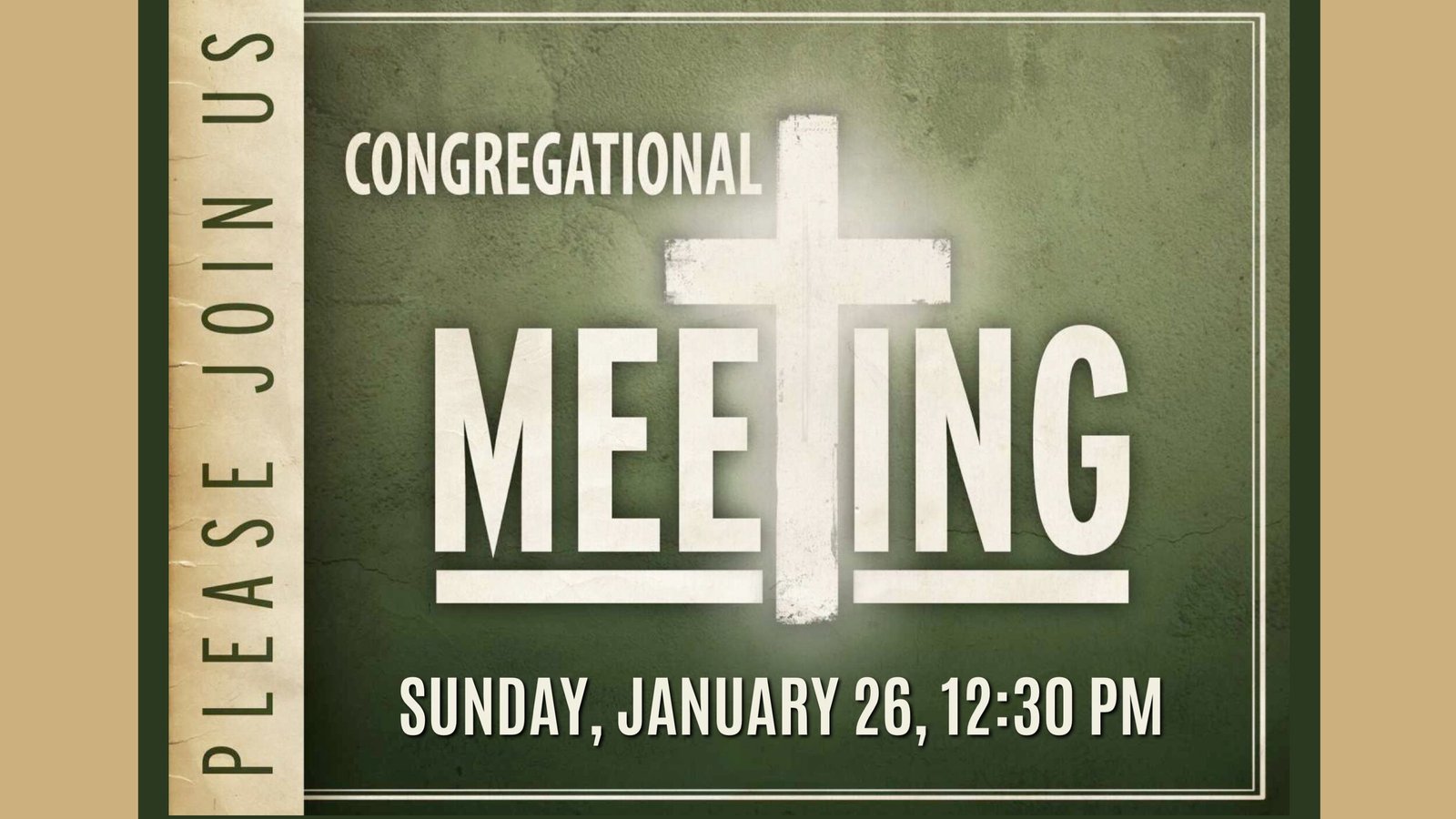 Announcement poster for a congregational meeting with a white cross and date details.