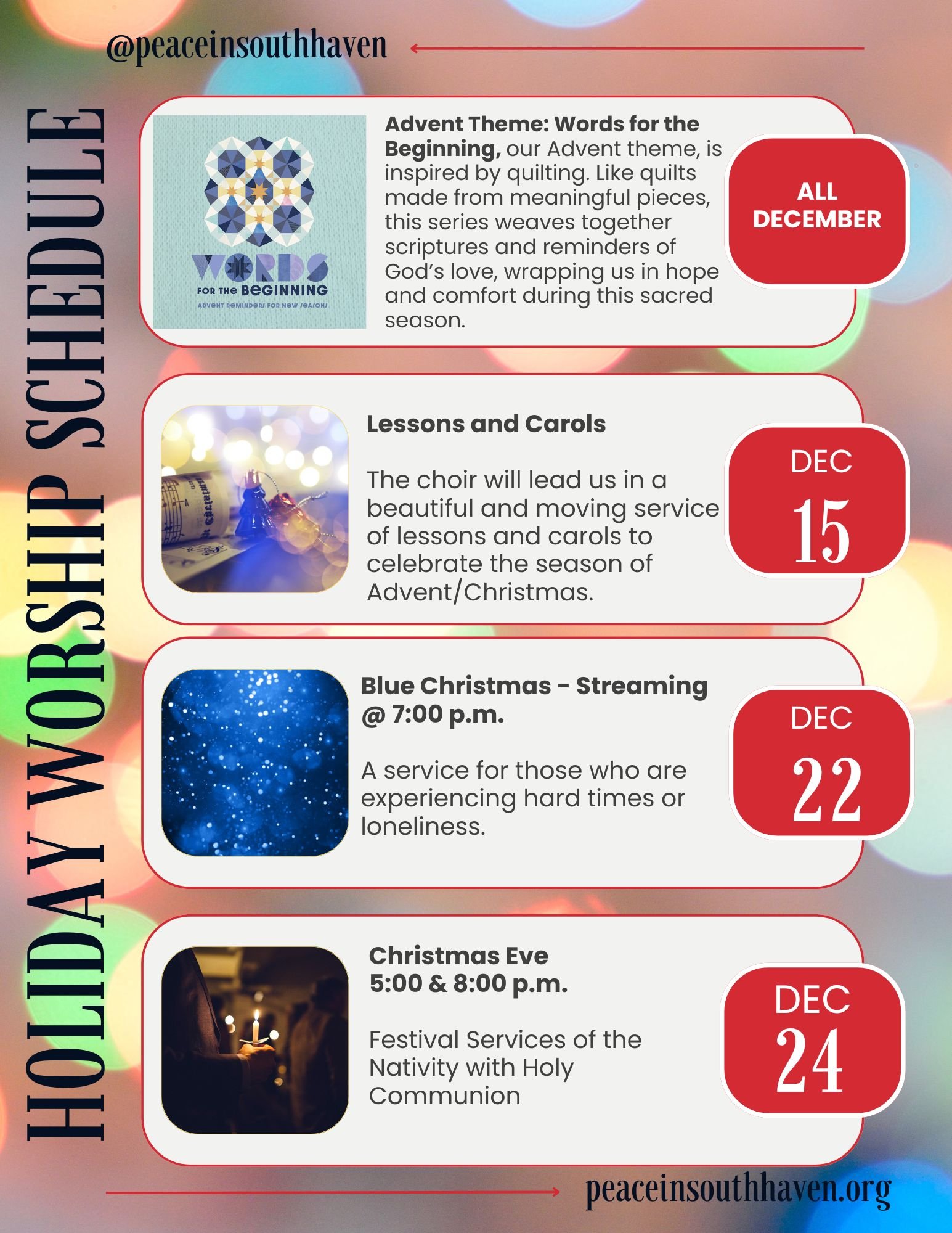 Holiday worship schedule with advent themes and event dates in December.