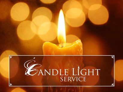 A burning candle with a background of golden bokeh lights and the text "Candle Light Service.