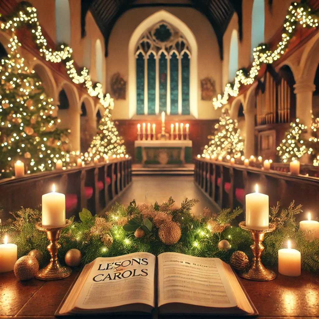 A church interior decorated for Christmas with candles, a book titled "Lessons & Carols," greenery, and string lights.