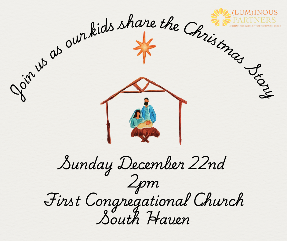 Invitation featuring a nativity scene and details for a Christmas event at First Congregational Church.