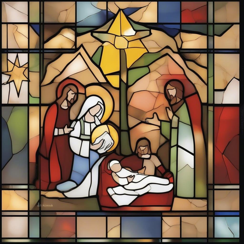 A stained-glass Nativity scene with Mary, Joseph, an angel, and the infant Jesus under the Star of Bethlehem.