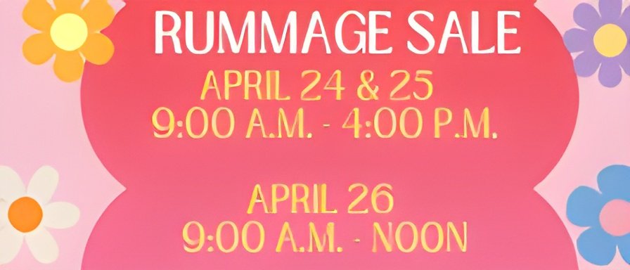 RummageSaleSign (1) Rummage sale announcement with dates and times on a pink background with floral designs.