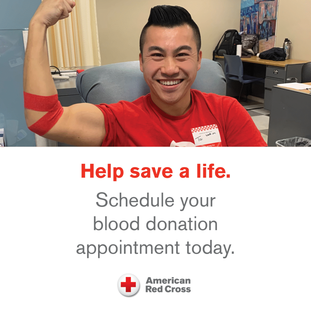 A smiling person flexes their bandaged arm after donating blood, with text encouraging blood donation and an American Red Cross logo.