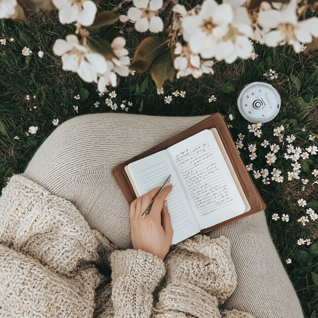 Person writing in a notebook while sitting on grass, surrounded by flowers and a timer.
